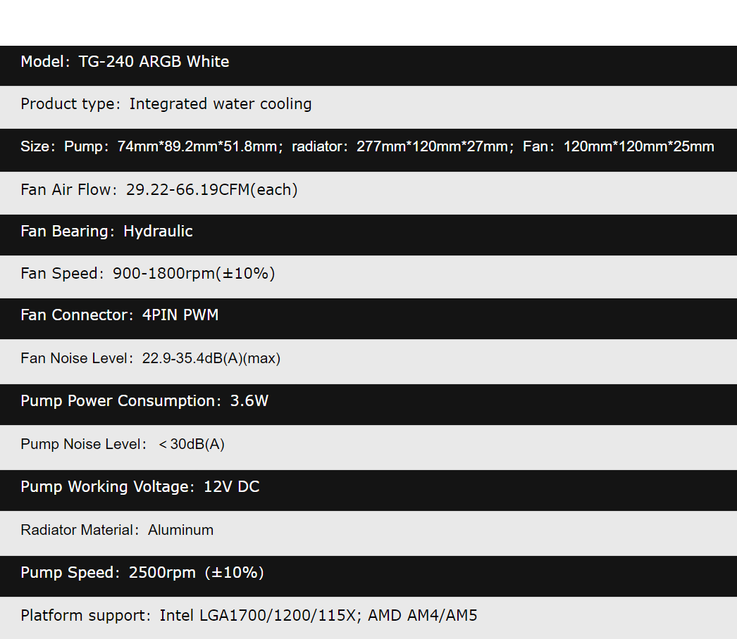 A large marketing image providing additional information about the product Jonsbo TG-240 ARGB 240mm AIO CPU Liquid Cooler - White - Additional alt info not provided